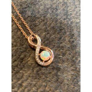 Rose Gold Tone Infinity Pendant Necklace With Opal & Rhinestones